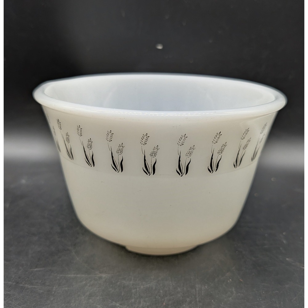 Hazel Atlas Milk Glass Mixing Bowl Black Wheat Pattern Vintage White MCM